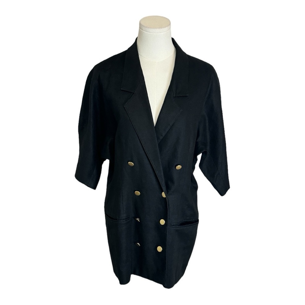 BLOOMINGDALE’S Black Linen Retro Vintage Suit Blazer Top Gold Buttons size 14